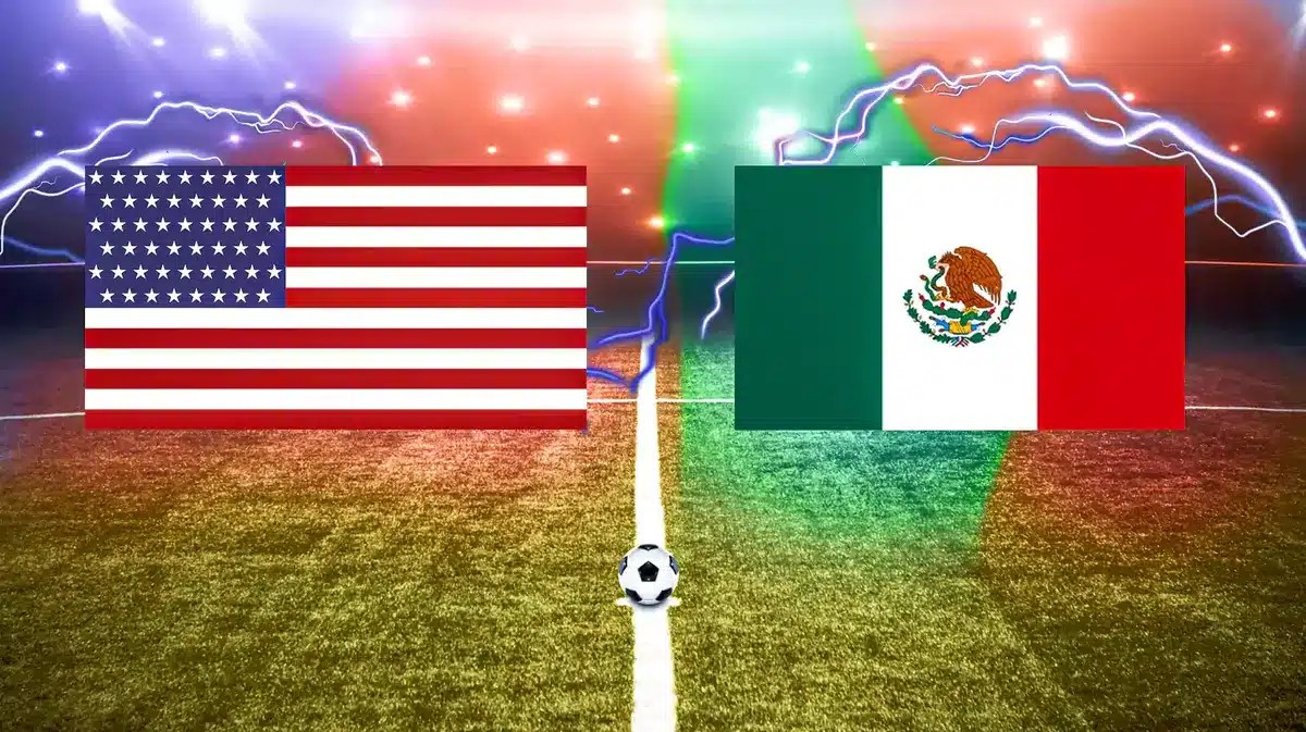 U.S. Flag, and Mexico flag on a soccer field representing the 2027 Women's World Cup