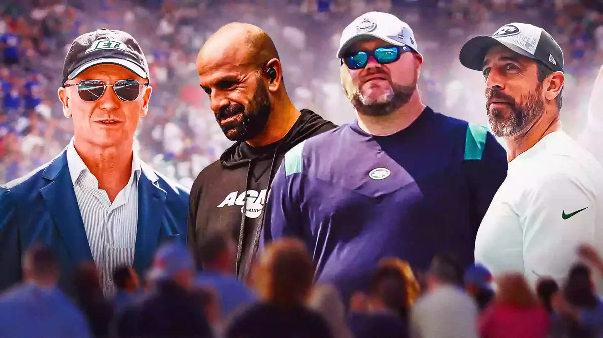 Jets' Woody Johnson, Robert Saleh, Joe Douglas and Aaron Rodgers