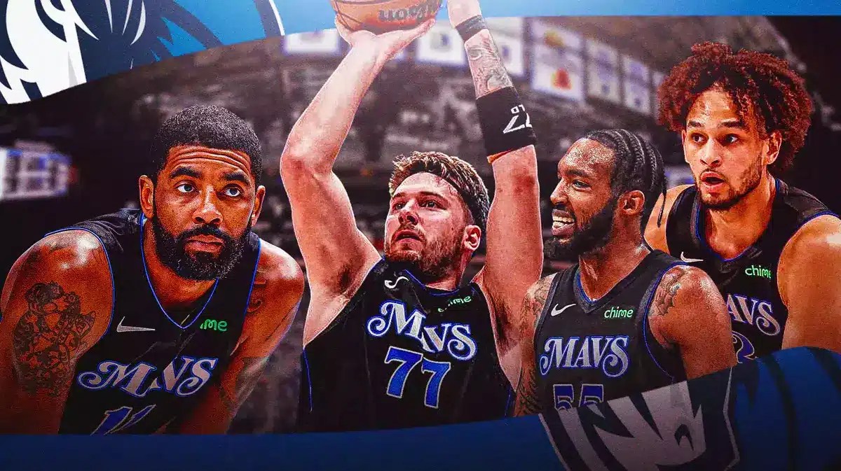 Mavs' Luka Doncic shooting a basketball. Kyrie Irving, Dereck Lively, Derrick Jones Jr. in background.