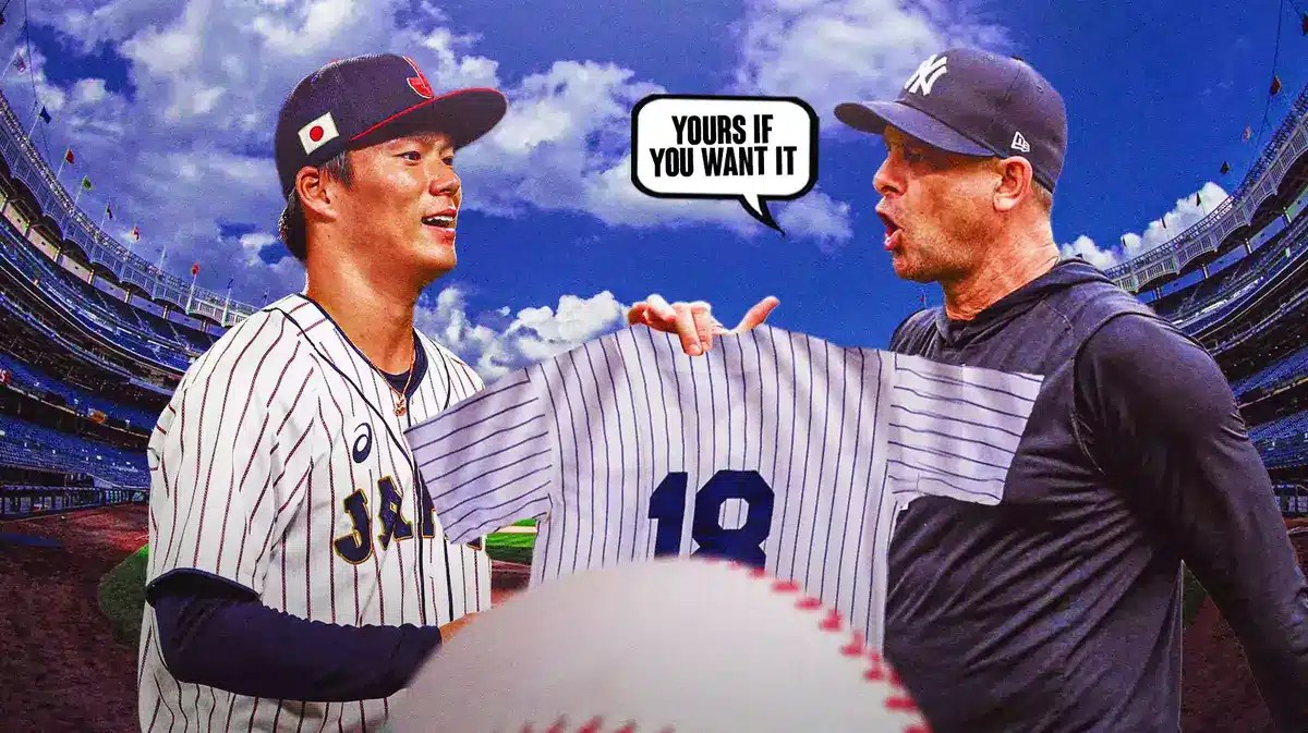 Photo: Aaron Boone handing Yoshinobu Yamamoto a #18 Yankees jersey, have Boone saying “Yours if you want it”
