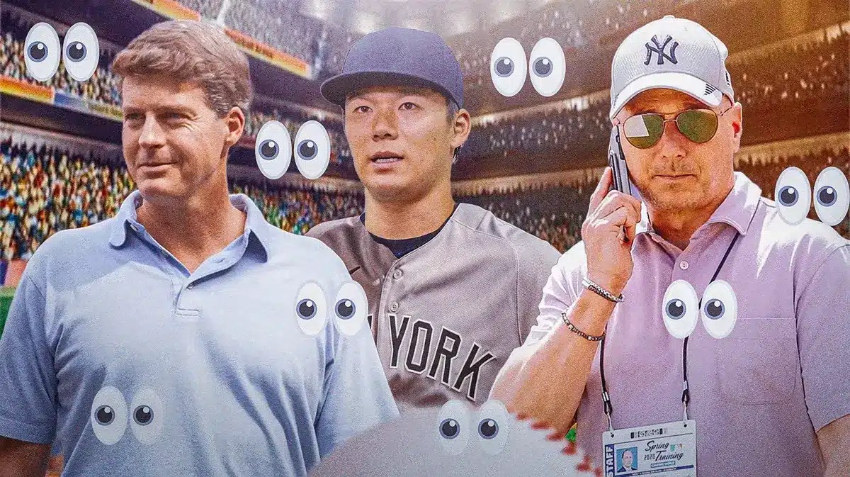 Yoshinobu Yamamoto in a Yankees uniform, Brian Cashman, Hal Steinbrenner. Big eyeball emojis all around