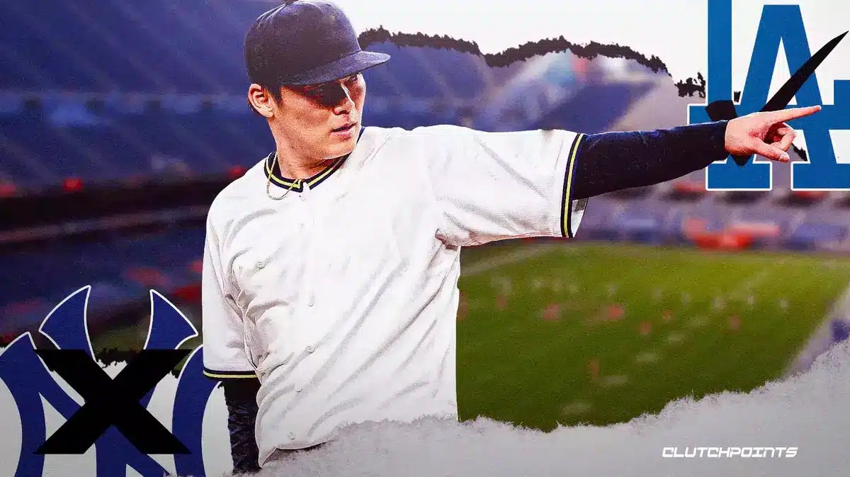 Yoshinobu Yamamoto with a NY Yankees logo on the left side of the image and an X through it and a LA Dodgers logo on the right side of the image with a check mark through it to signal he said no to the Yankees and yes to the Dodgers.