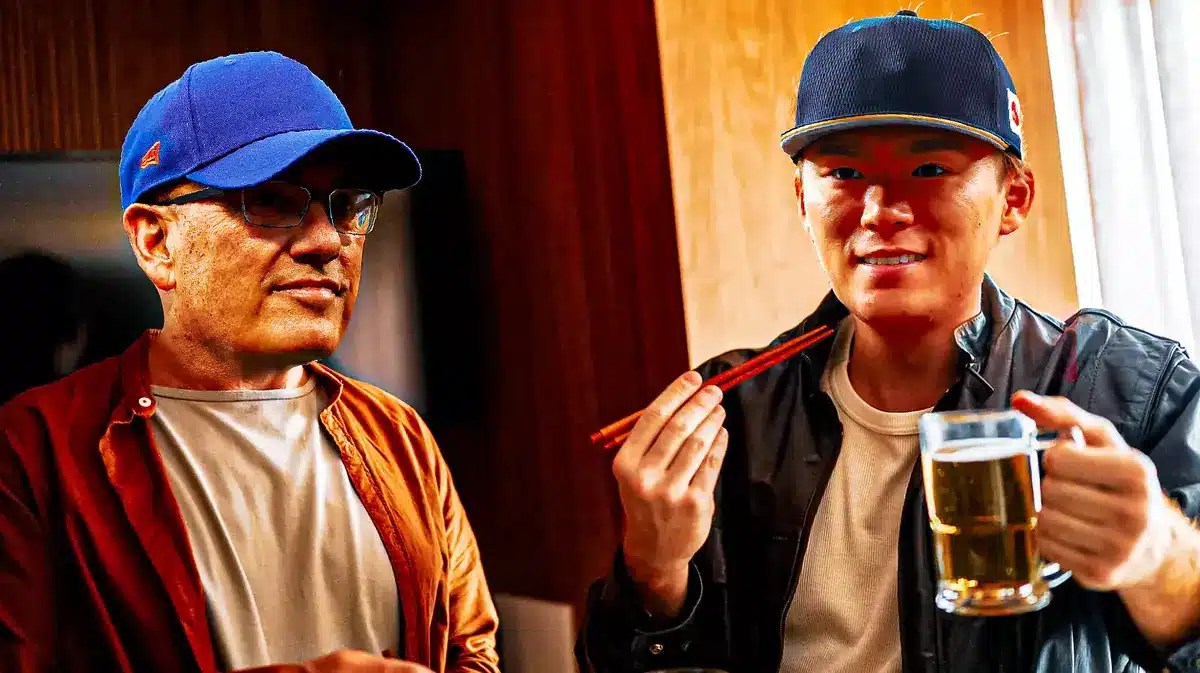 Yoshinobu Yamamoto and New York Mets owner Steve Cohen, eating dinner together in a house