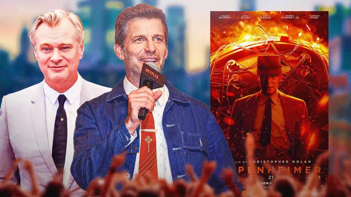 Christopher Nolan and Zack Snyder next to Oppenheimer poster.
