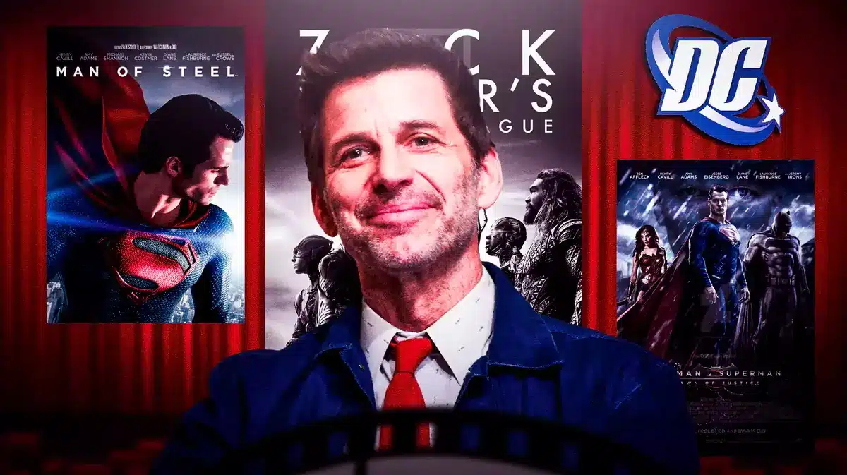 Zack Snyder with Man of Steel, Zack Snyder's Justice League, and Batman v. Superman: Dawn of Justice posters behind him and DCEU logo.