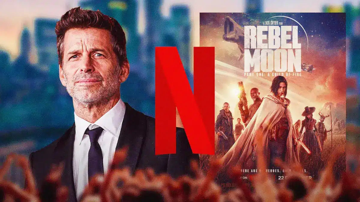 Zack Snyder and Netflix logo next to Rebel Moon poster.
