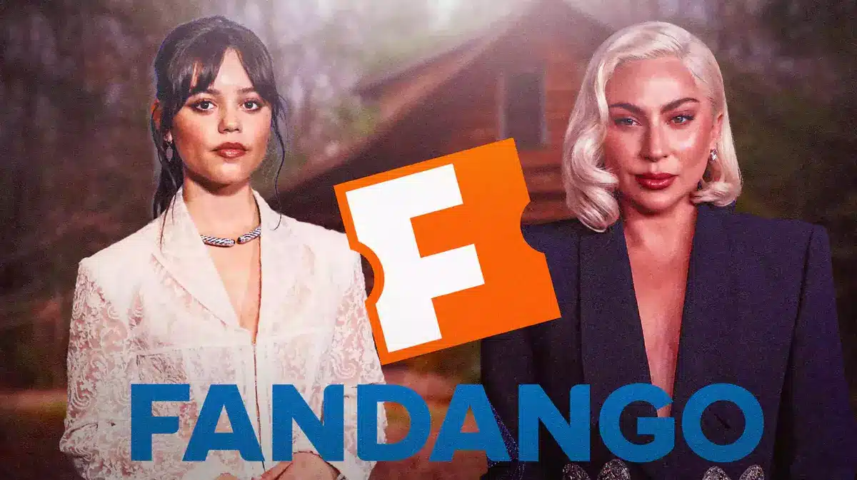 Jenna Ortega and Lady Gaga with Fandango logo.