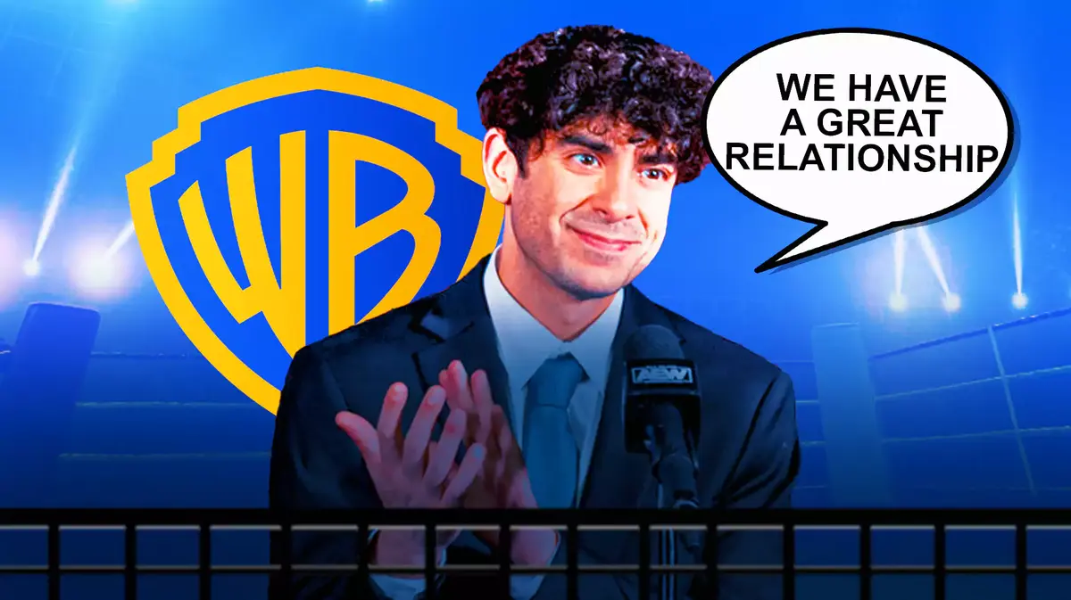 Tony Khan with a text bubble reading “We have a great relationship” with the Warner Brothers Discovery logo as the background.