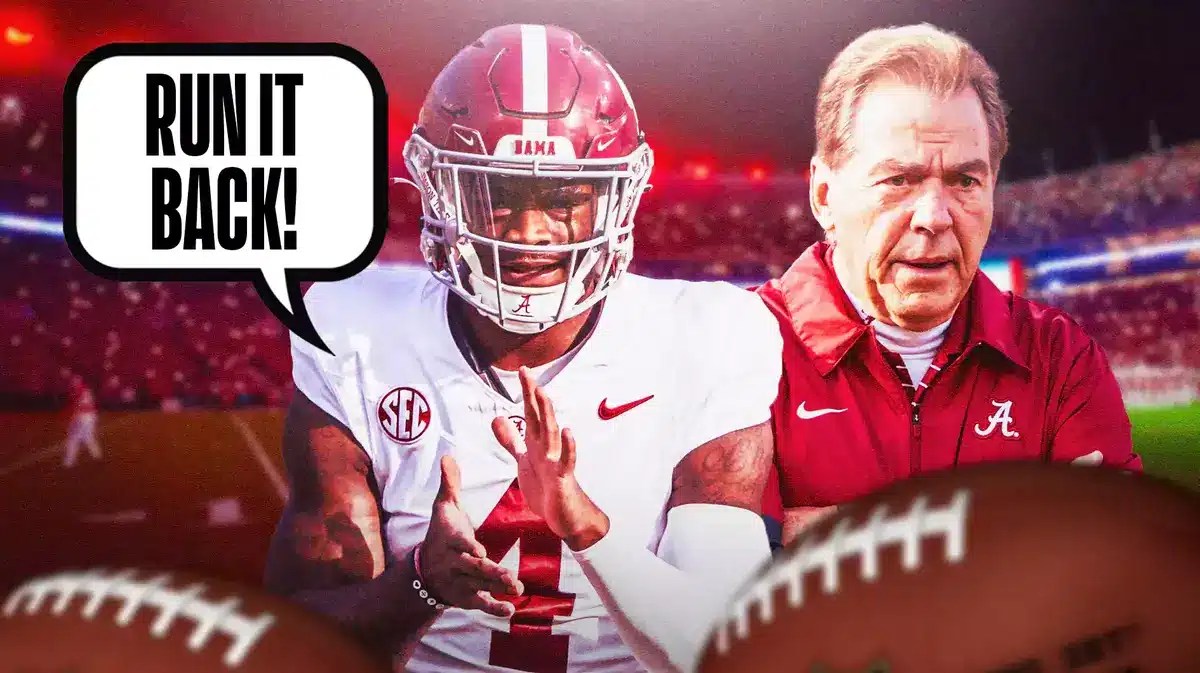 Jalen Milroe saying “run it back!” with Nick Saban next to him