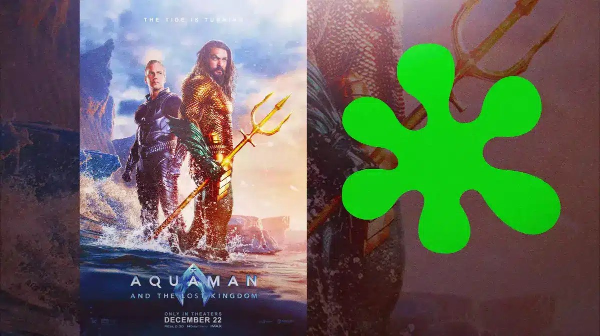 Aquaman 2 (aka Aquaman and the Lost Kingdom) poster next to Rotten Tomatoes rotten logo.