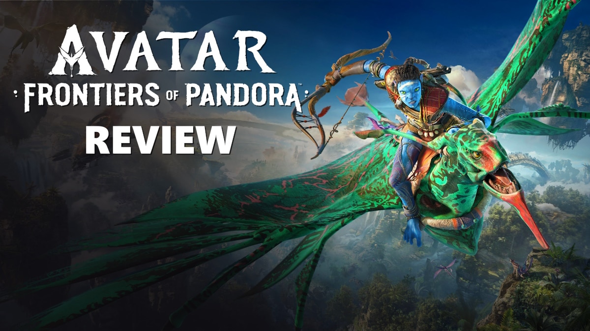 frontiers pandora review, frontiers pandora gameplay, frontiers pandora story, avatar frontiers pandora, frontiers pandora, key art for Avatar Frontiers of Pandora with the game logo on the left and the word Review under it