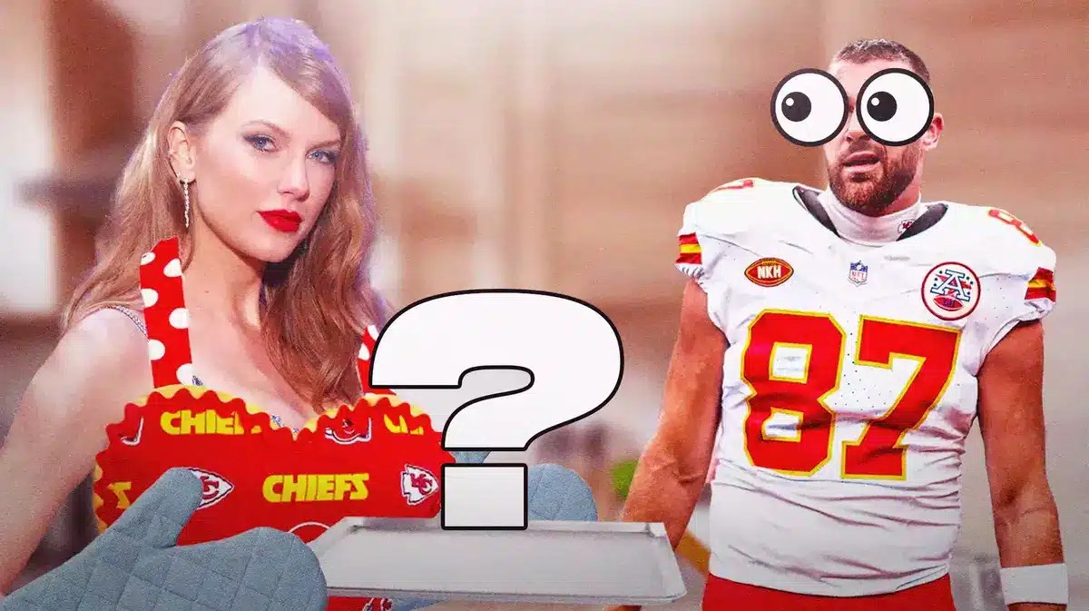 Pic of Taylor Swift wearing oven mitts and a Kansas City Chiefs apron, holding a baking sheet with a big mystery “?” on it instead of baked goods, as Travis Kelce looks on with cartoon eyes bulging out of his head