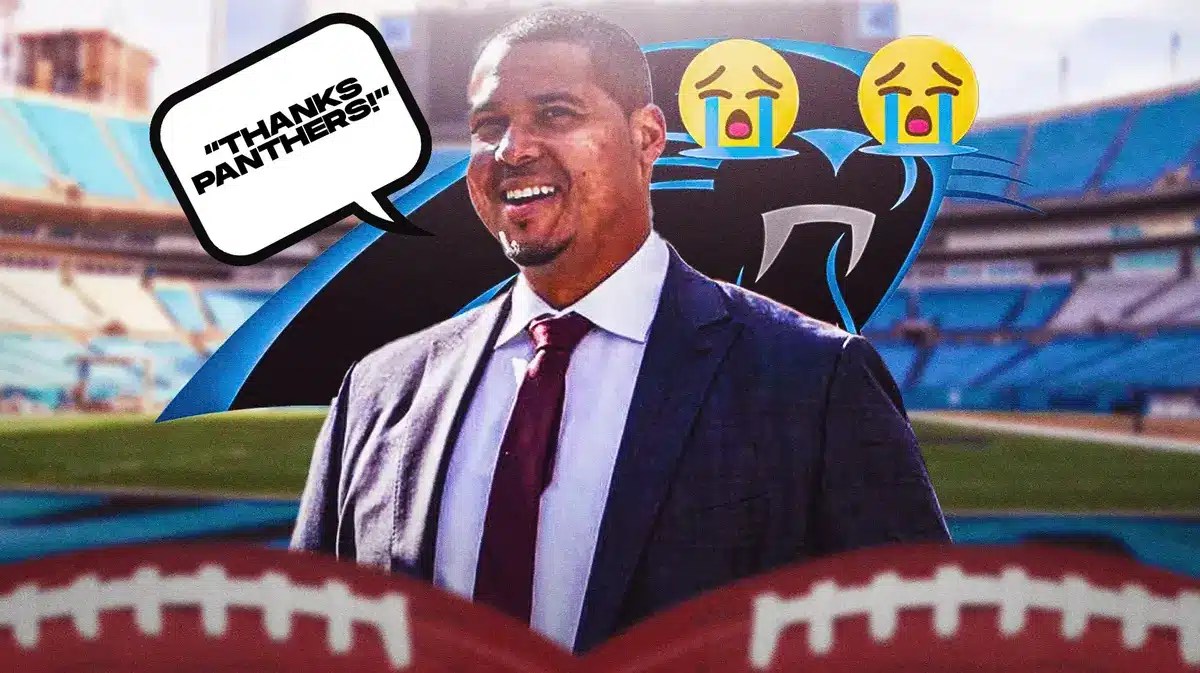 Bears GM Ryan Poles with the Panthers logo crying