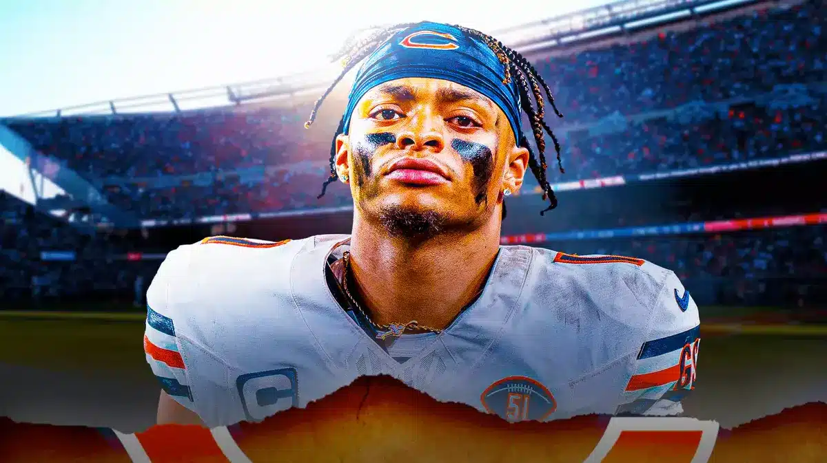 Chicago Bears star Justin Fields in front of Soldier Field.