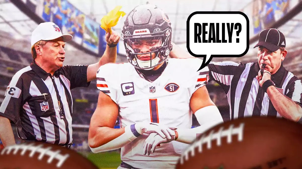 Bears' Justin Fields between 2 NFL refs