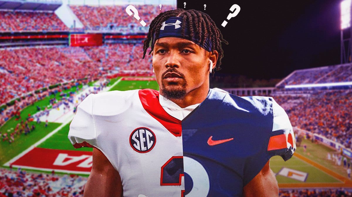 Chris Tyree in a split jersey of the Virginia Cavaliers and Alabama Crimson Tide football teams. Several question marks above his head