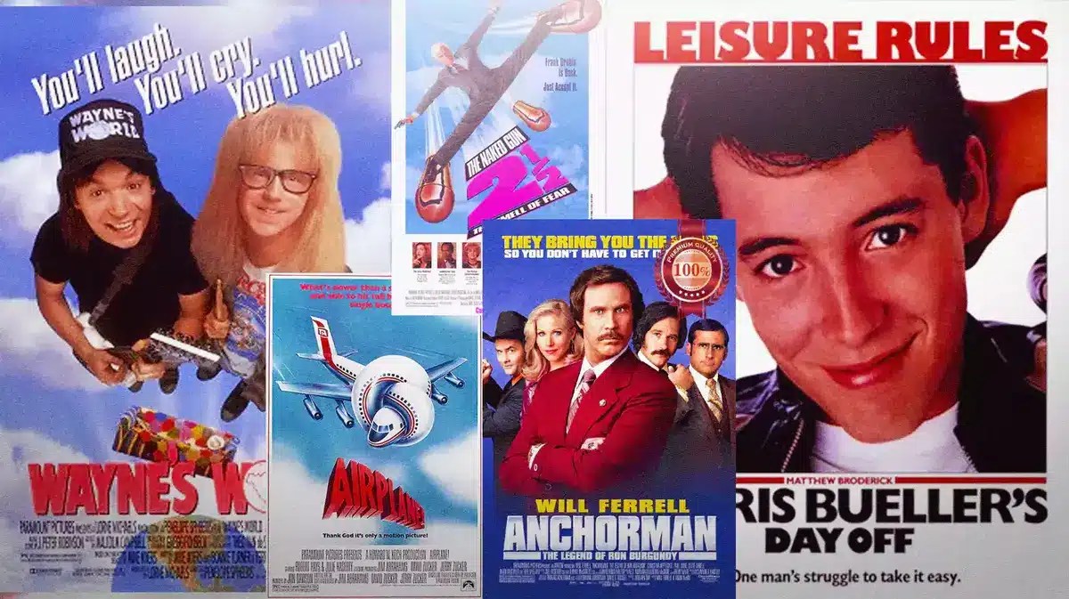 A collage of movie posters from Wayne's World, Airplane!, The Naked Gun 2 1/2: The Smell of Fear; Anchorman; and Ferris Bueller's Day Off