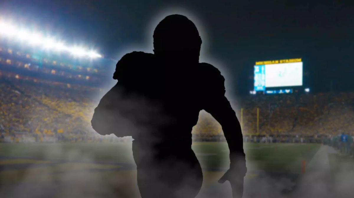Michigan football, Wolverines, Transfer portal, Dante Moore, Ethan Miner, Mystery football players with Michigan football stadium in the background