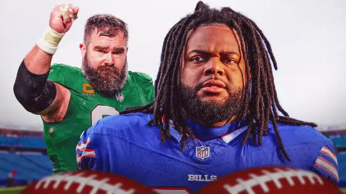 Photo: Jordan Phillips in Bills uniform with Jason Kelce in Eagles uniform, fans in the back