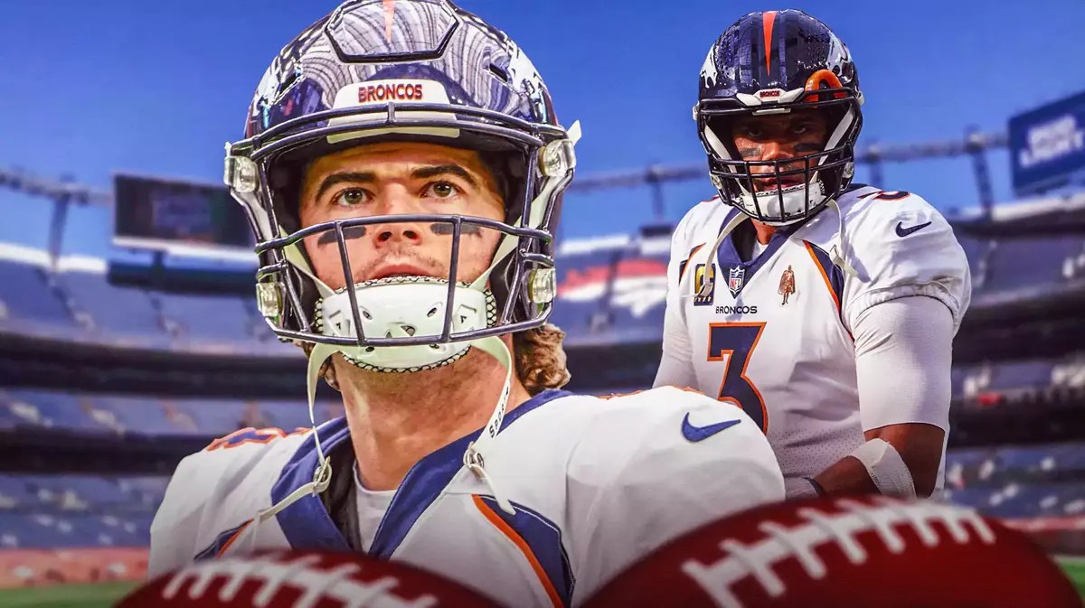 Denver Broncos quarterbacks Jarrett Stidham and Russell Wilson