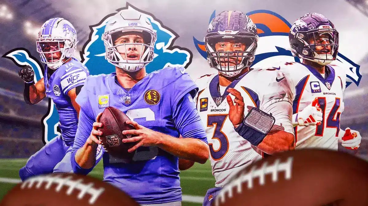 Russell Wilson, Courtland Sutton, Broncos logo vs. Jared Goff, Amon-Ra St. Brown, Lions logo.