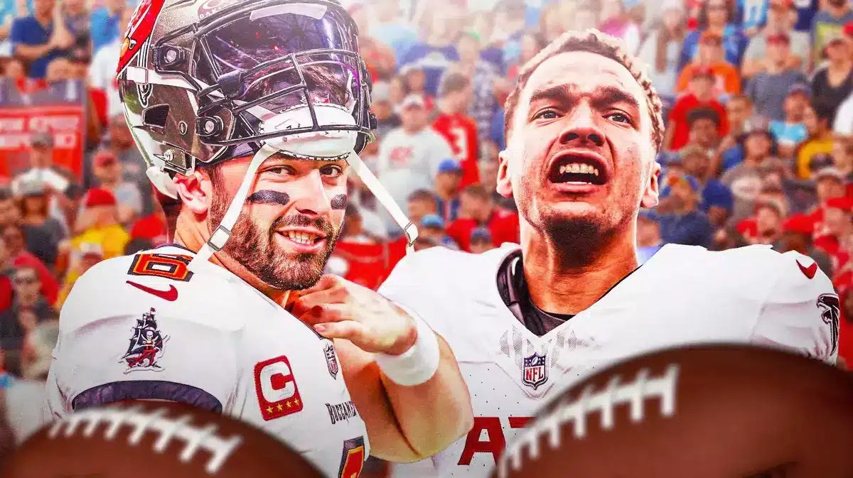 Tampa Bay Buccaneers' Baker Mayfield looking happy/celebrating and Atlanta Falcons' Desmond Ridder look sad/dejected and images of happy Tampa Bay Buccaneers fans in background.