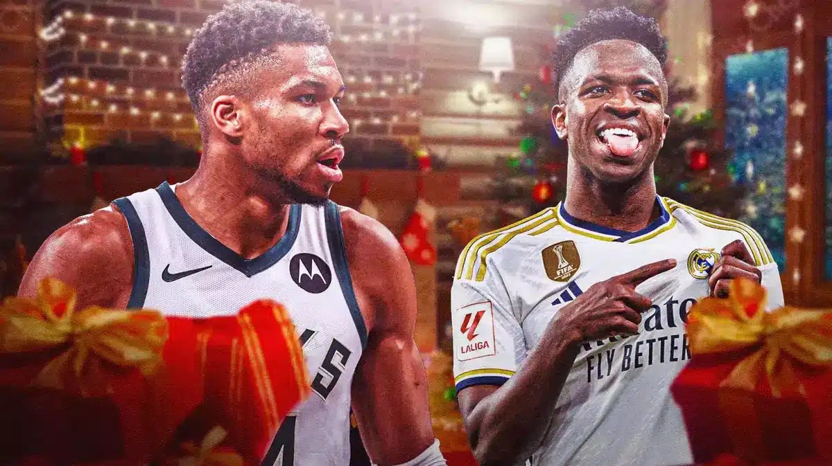Giannis Antetokounmpo next to Vinicius Junior