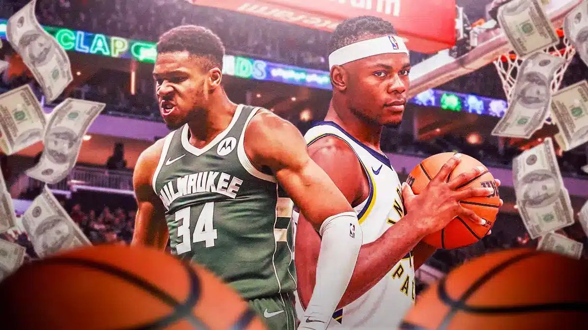 Giannis Antetkoumpo and Oscar Tshiebwe with a basketball and hundred dollar bills between them