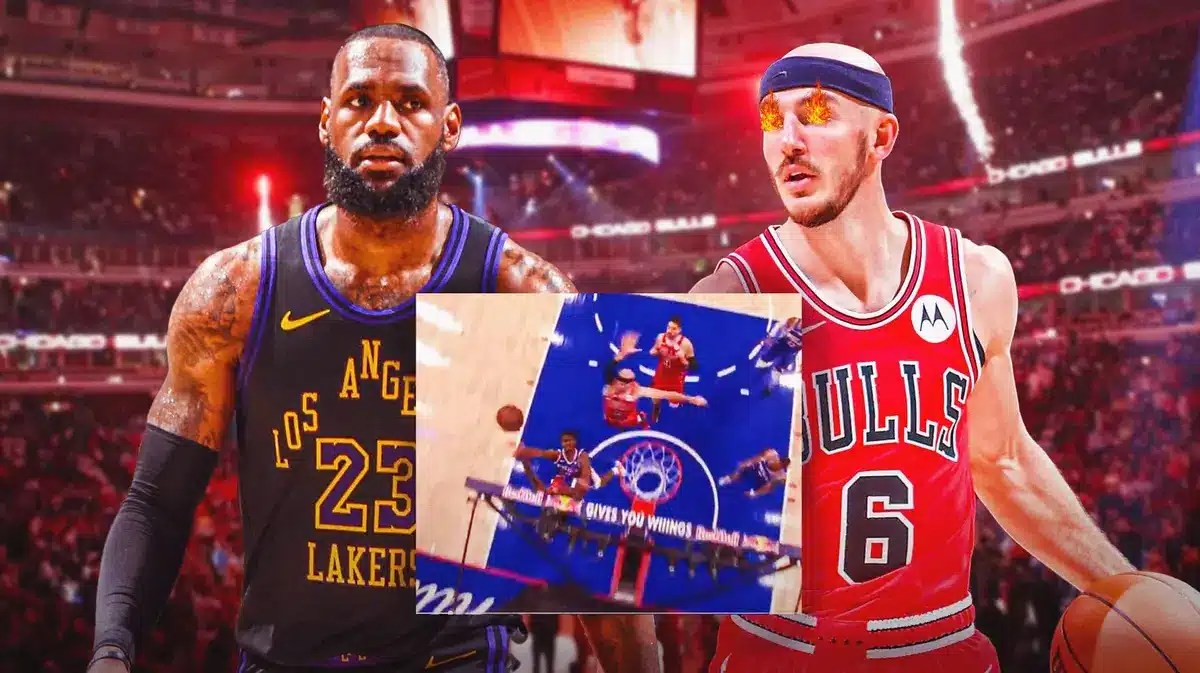Alex Caruso (Bulls) with fire in eyes and LeBron James (Lakers)