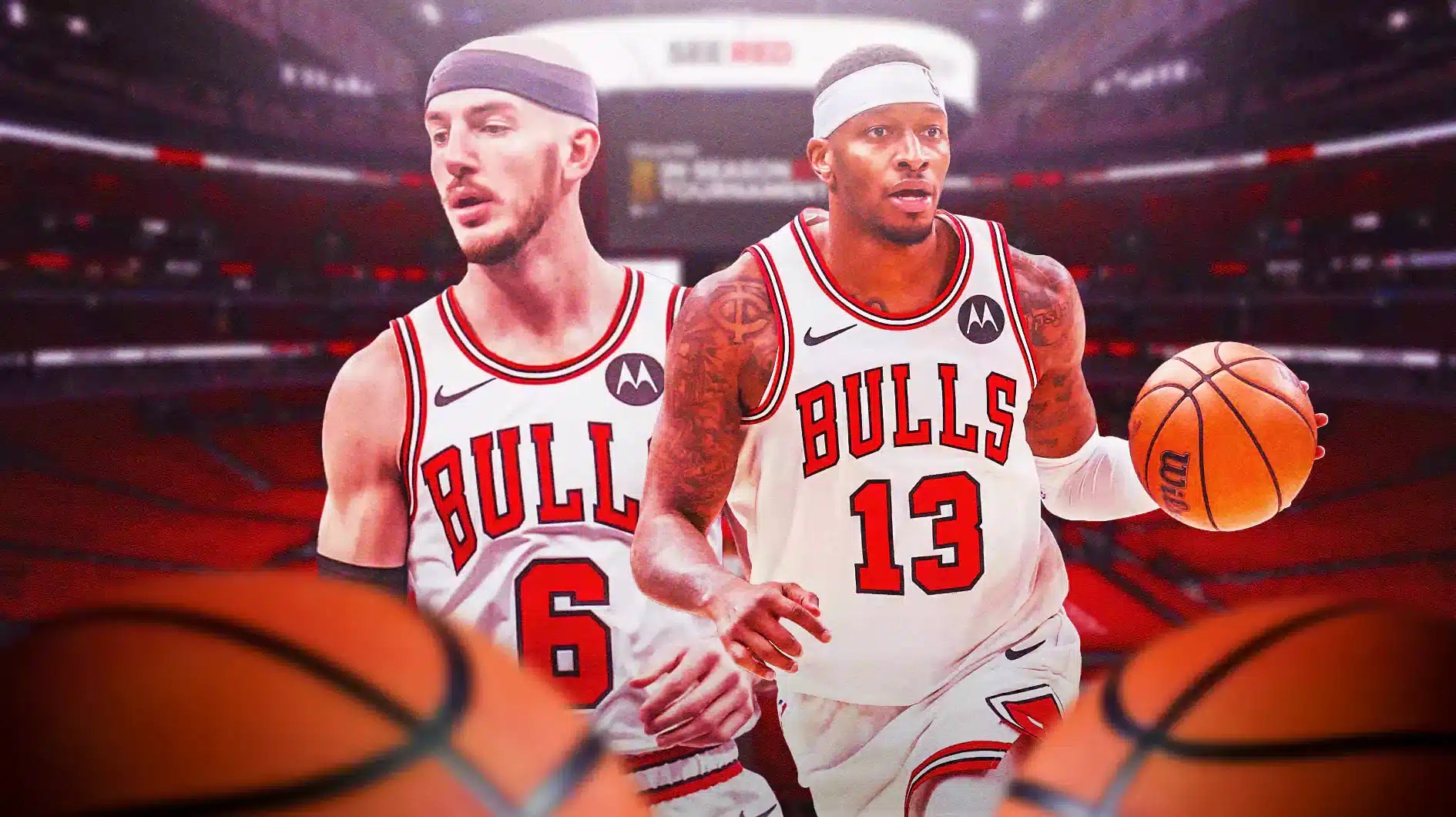 Bulls, Spurs, Alex Caruso, Alex Caruso injury, Torrey Craig, Alex Caruso and Torrey Craig in Bulls unis with Bulls arena in the background