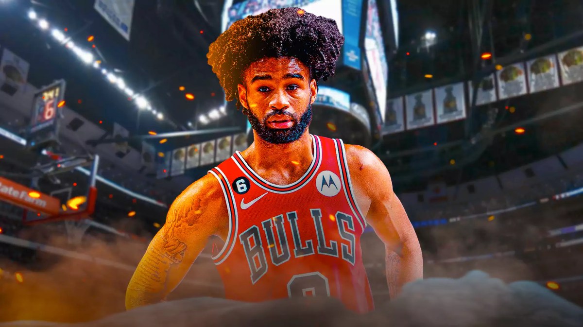 Chicago, Bulls, Coby White, Billy Donovan, Hornets, Coby White in Bulls uni with Bulls arena in the background