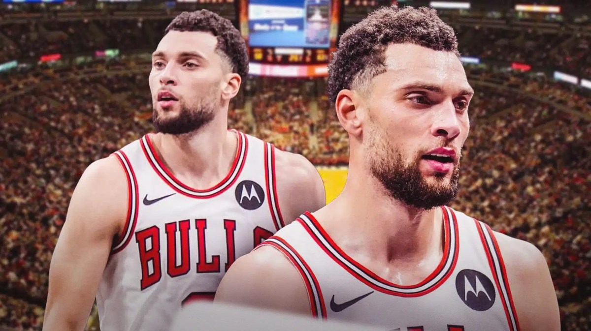 Chicago, Bulls, Zach LaVine, Billy Donovan, Zach LaVine injury, Zach LaVine in Bulls uni with Bulls arena in the background