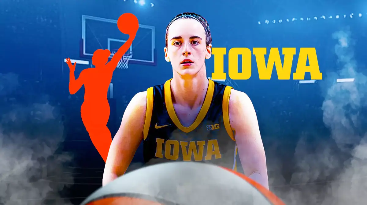 Iowa women’s basketball player Caitlin Clark in the center, with the WNBA logo on one side, and the University of Iowa on the other side, with question marks around Clark