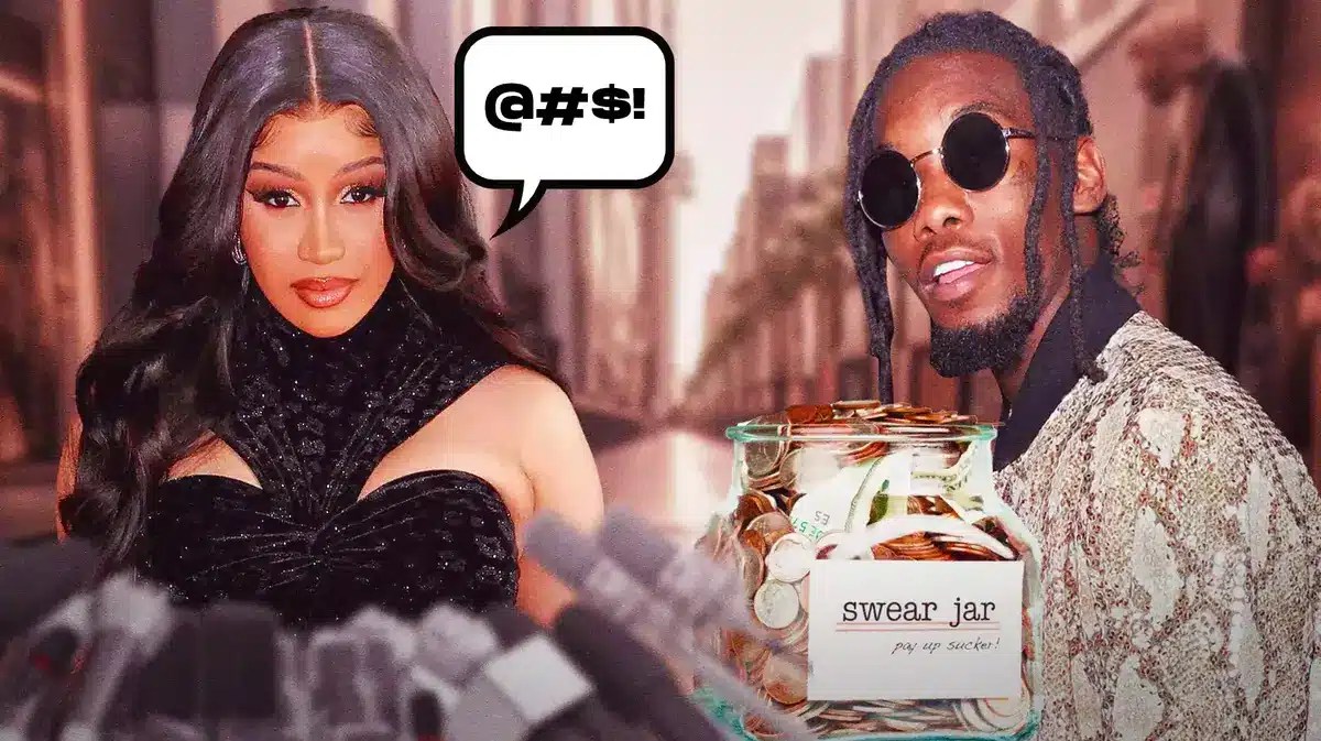Cardi B has a speech bubble "@#$!" as Offset holds a swear jar