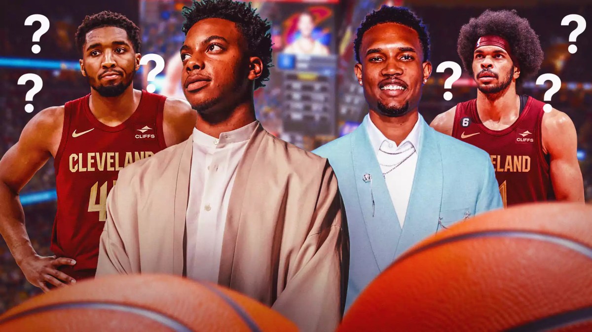 Cavs' Darius Garland, Evan Mobley in suits with Donovan Mitchell, Jarrett Allen in background with question marks
