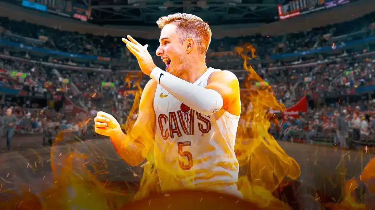 Action shot of Sam Merrill (Cavs) on fire