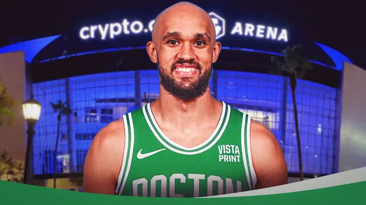 Derrick White smiling/looking happy in front of Clippers crypto.com center