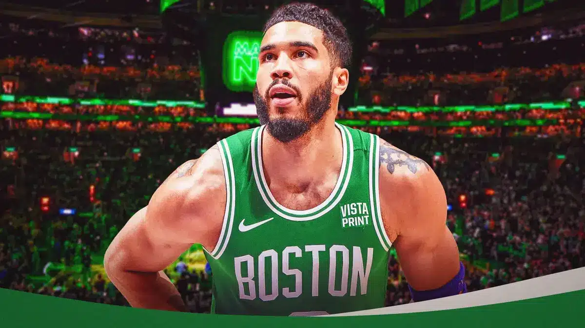 Boston Celtics star Jayson Tatum with serious expression