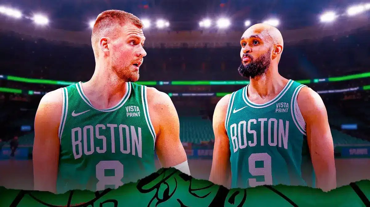 Boston Celtics' Kristaps Porzingis next to teammate Derrick White