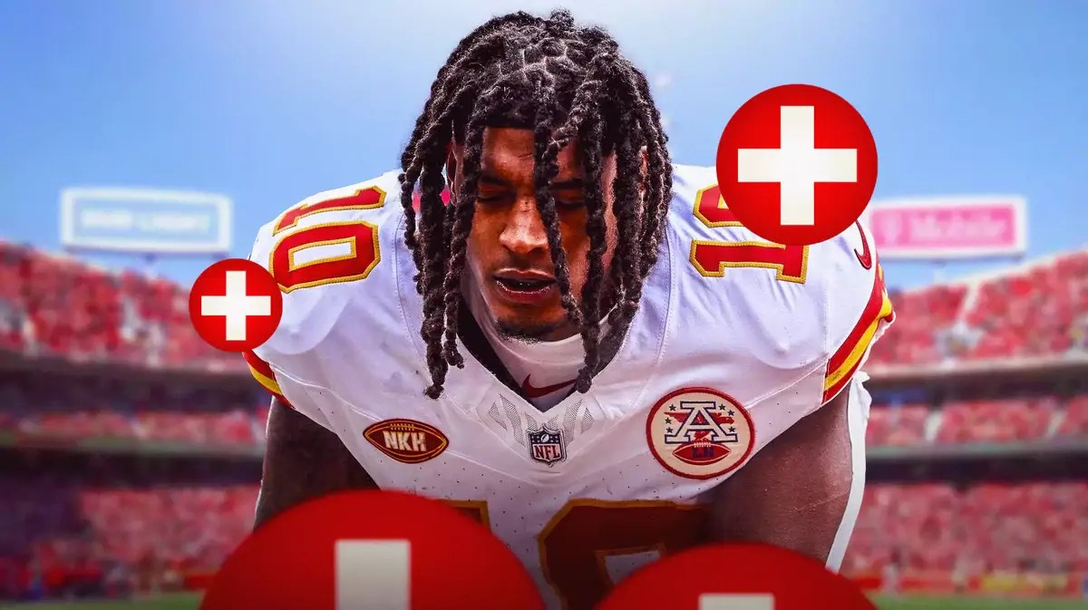 Kansas City Chiefs' Isiah Pacheco and several medical cross symbols surrounding him