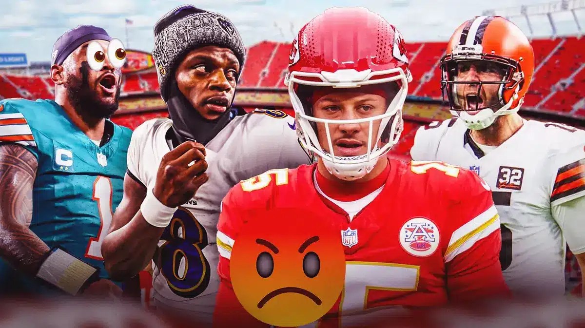 Patrick Mahomes with angry emojis near him. Lamar Jackson, Joe Flacco and Tua Tagovailoa with eyeball emojis