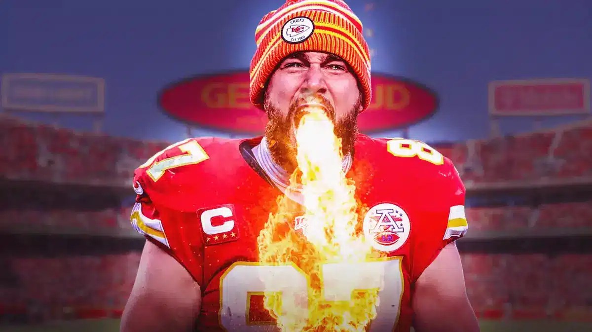 Travis Kelce breathing fire looking angry