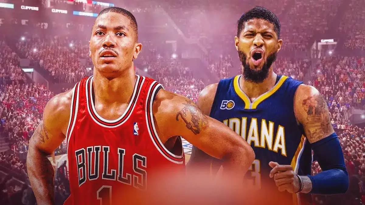 Paul George in a Pacers uniform, Derrick Rose in a Bulls uniform