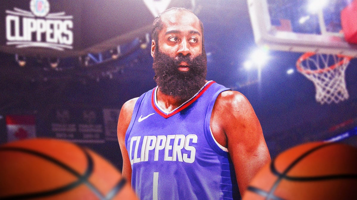 Clippers' James Harden looking serious in front. LA Clippers logo background.