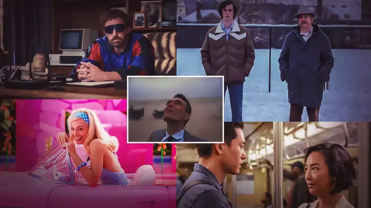 Best movies of the year list with stills from Air, The Holdovers, Oppenheimer, Barbie, and Past Lives.
