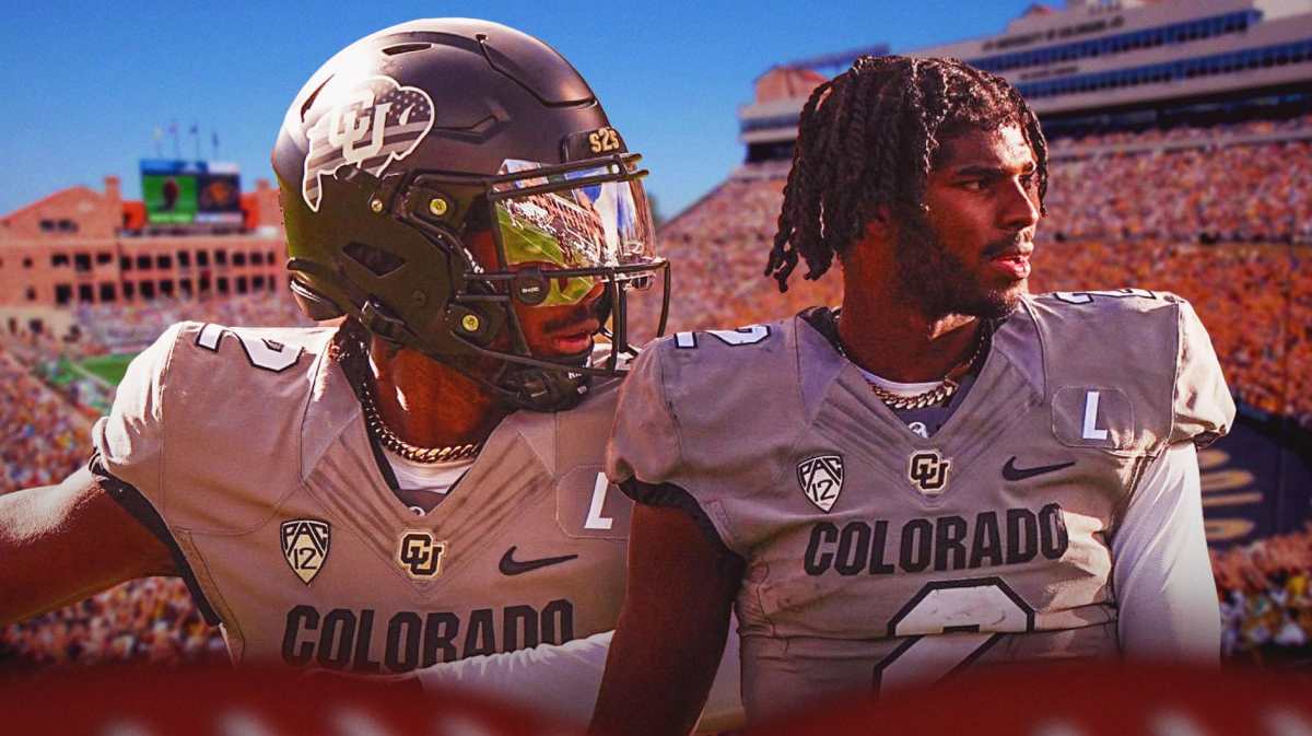 Colorado football, Buffaloes, Shedeur Sanders, NFL Draft, Mel Kiper Jr., Shedeur Sanders in Colorado uni with Colorado football stadium in the background