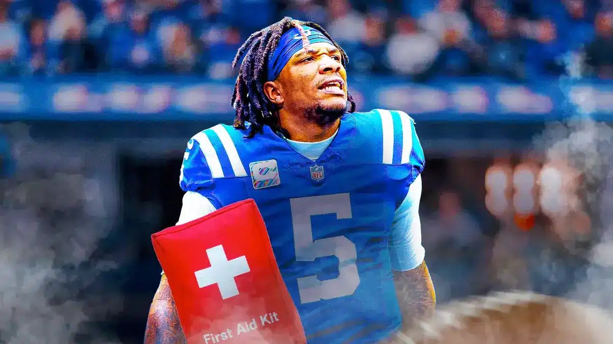 Anthony Richardson in Colts uniform with Colts logo and Colts fans behind him, and med kits around him