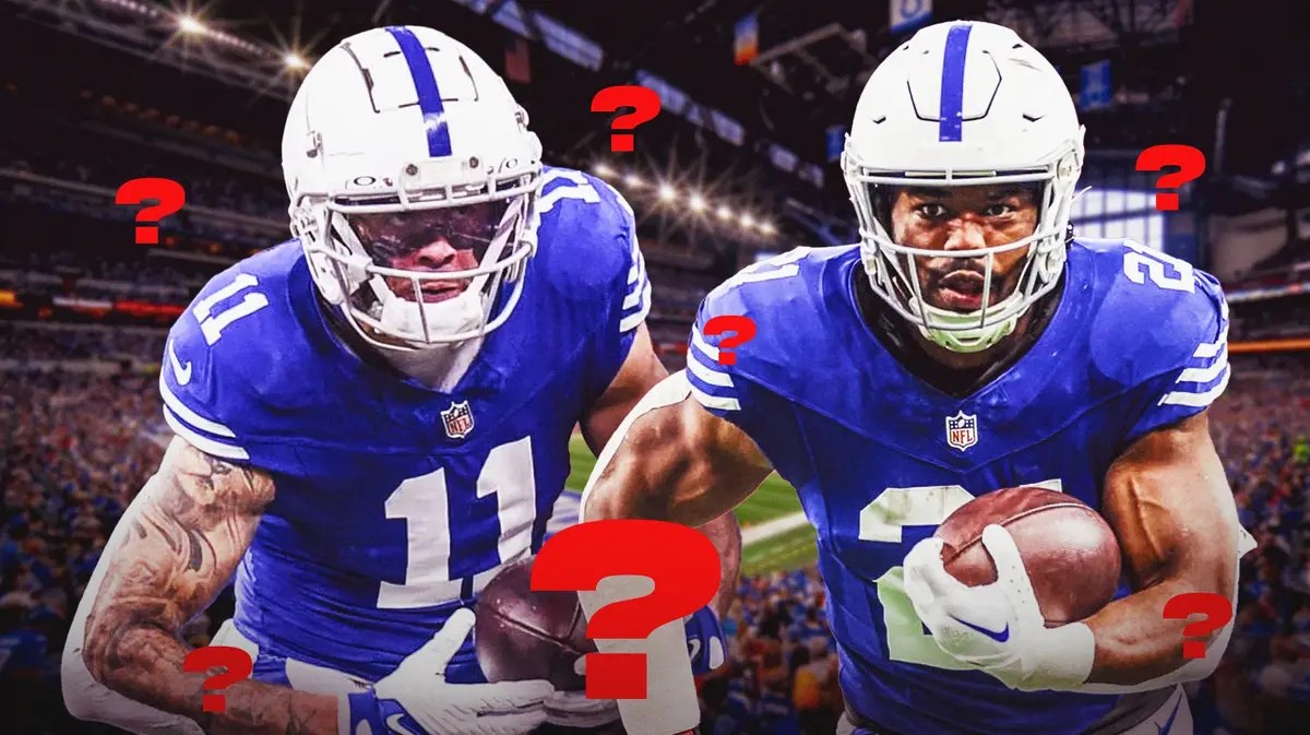 Colts' Michael Pittman, Colts' Zack Moss both playing football. Place question marks in image.