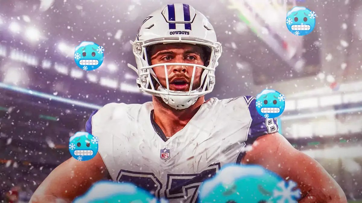 Dallas Cowboys TE Jake Ferguson with snow in image and 🥶 emojis