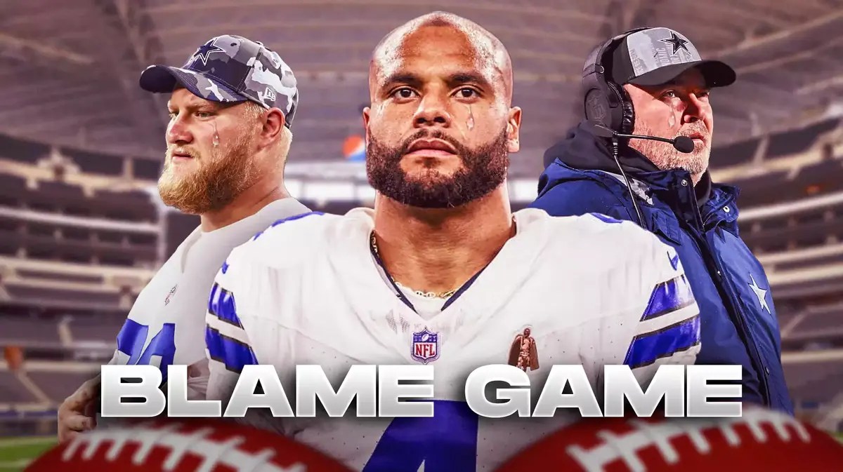 Cowboys QB Dak Prescott, Tyler Biadasz, Mike McCarthy all with tear emojis 💧 and with a landslide in the background.